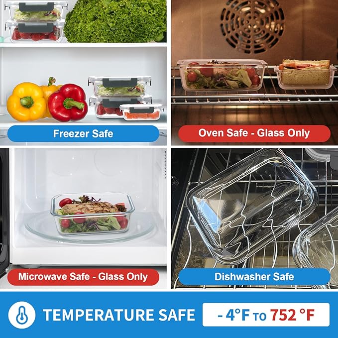 10-Pack Glass Food Storage Containers with Lids [Air-Tight,Leak-Resistant] Glass Containers for Food Storage, Meal Prep, Microwave, Freezer, Dishwasher Safe-FlexoryFit