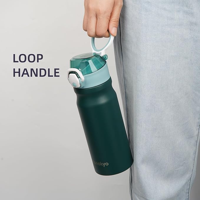 Insulated Water Bottle with Straw and Carry Loop,18 oz Stainless Steel Double Wall Vaccum Metal Water Flask with Leak-proof Lid,Dark Green-FlexoryFit