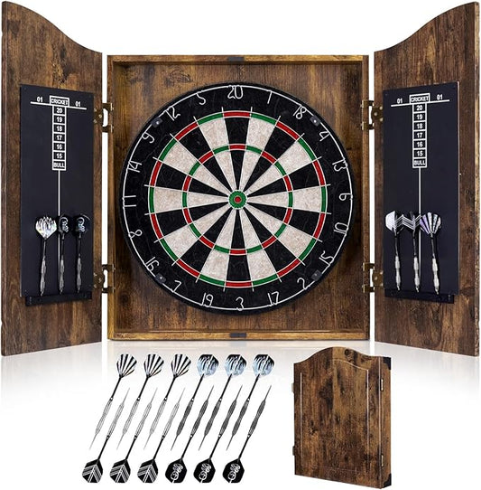 Sisal Dart Board Cabinet Sets, Decorative Dart Boards for Adults [6*Steel Darts] - Wooden Dartboard Cabinet with Integrated Scoreboard for Family Game Rooms