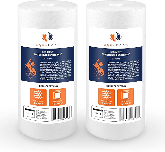 Aquaboon 5 Micron 10 x 4.5 Well Water Sediment Filter Replacement Whole House Water Filter Cartridge Compatible with DGD-5005, WFHD13001B, 2-Pack