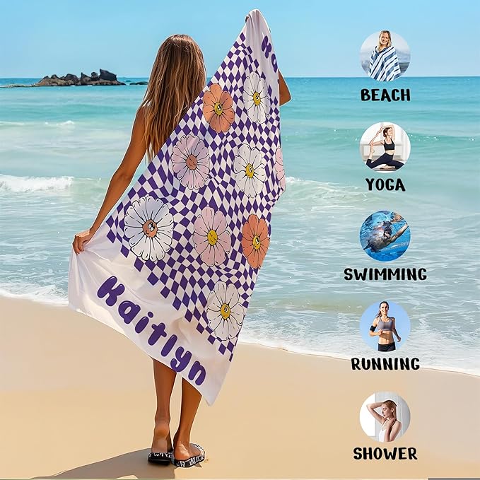 JML Personalized Beach Towel with Name, Custom Flower Beach Towel, Customized Microfiber Pool Towel, Quick Dry & Absorbent Swim Towel for Adult,Anniversary, Birthday, Summer Holiday,Vacation-FlexoryFit
