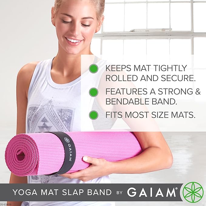 Gaiam Yoga Mat Strap Slap Band - Keeps Your Mat Tightly Rolled and Secure with One Snap - Strong Clasp for Yoga Mat Storage and Travel - Fits Most Size Mats (20"L x 1.5"W), Black-FlexoryFit