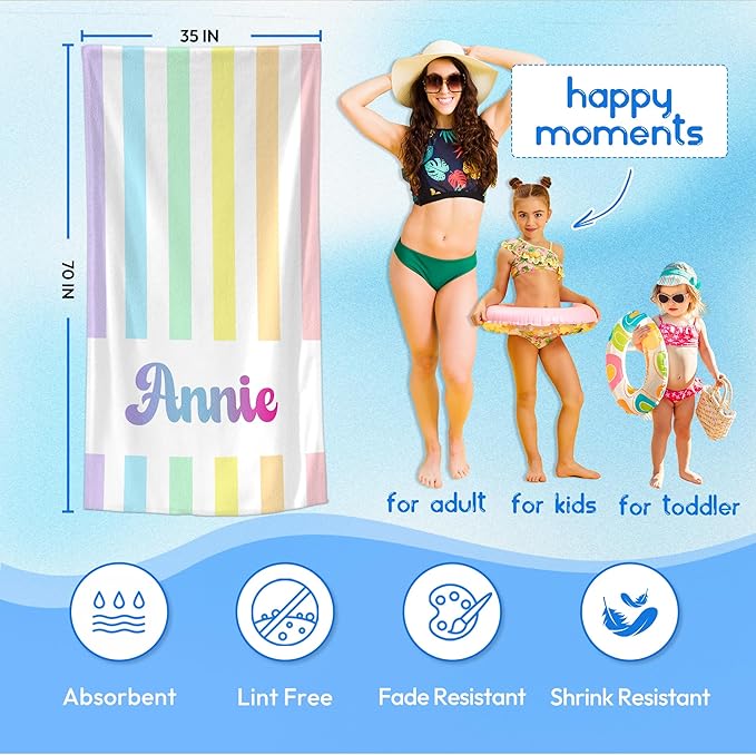 JML Personalized Beach Towel with Name, Custom Rainbow Cabana Stripe Beach Towel, Customized Microfiber Pool Towel, Quick Dry & Absorbent Swim Towel for Adult,Anniversary, Birthday, Summer Holiday-FlexoryFit