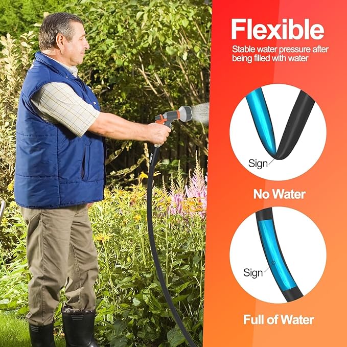 Garden Water Hose 75 ft x 3/4 in Heavy Duty, Flexible and Lightweight, Burst 600 psi, Kink-less Hybrid Rubber Pipe for Backyard, 3/4'' Brass Fittings, Black