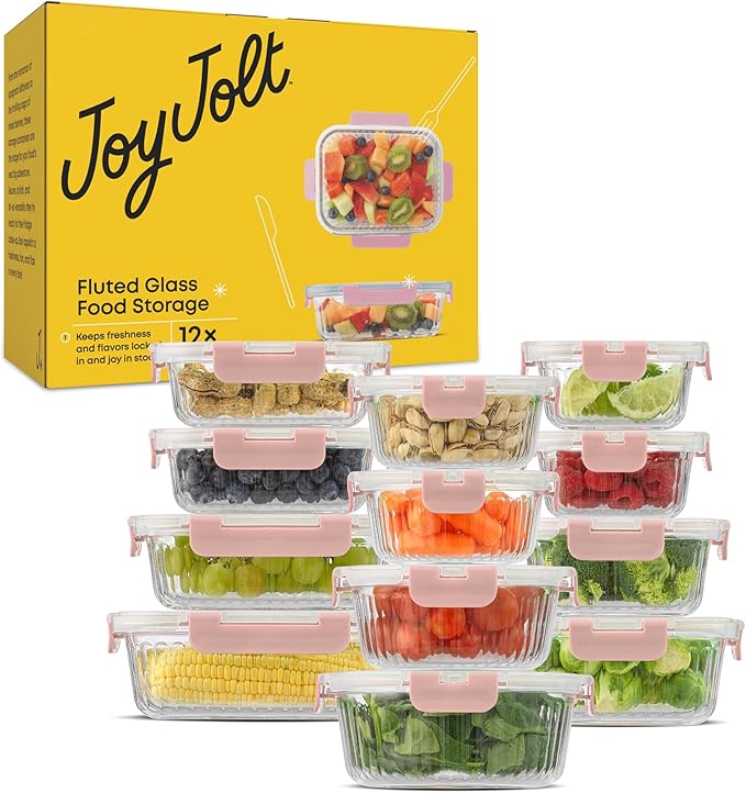 JoyJolt 24pc Borosilicate Glass Storage Containers with Lids | 12 Airtight/Freezer Safe Food Storage Containers for Pantry and Kitchen | Meal Prep Container for Lunch | Glass Tupperware Set-FlexoryFit