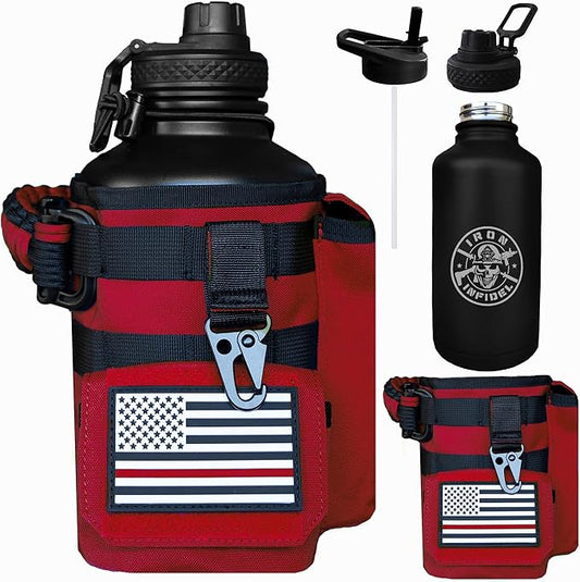 Iron Infidel Battle Bottle - Half Gallon Insulated Water Bottle with Paracord Handle, Large 64 oz Stainless Steel Water Jug with Rugged, Removable Sleeve for Keys, Wallet & Phone (Red Line 2 Liter)-FlexoryFit