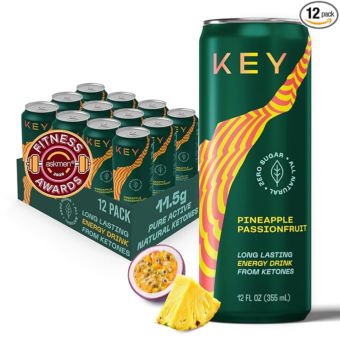 KEY Ketone Energy Drink : Sugar Free, 80mg Low Caffeine, All Natural, 11.5g Ketones, Long Lasting Energy, Green Tea & L-Theanine for Mental Focus, Pineapple Passionfruit (Pack of 12)-FlexoryFit