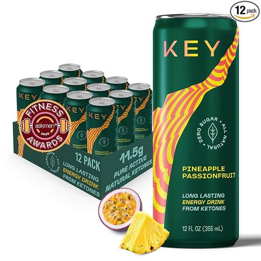 KEY Ketone Energy Drink : Sugar Free, 80mg Low Caffeine, All Natural, 11.5g Ketones, Long Lasting Energy, Green Tea & L-Theanine for Mental Focus, Pineapple Passionfruit (Pack of 12)-FlexoryFit