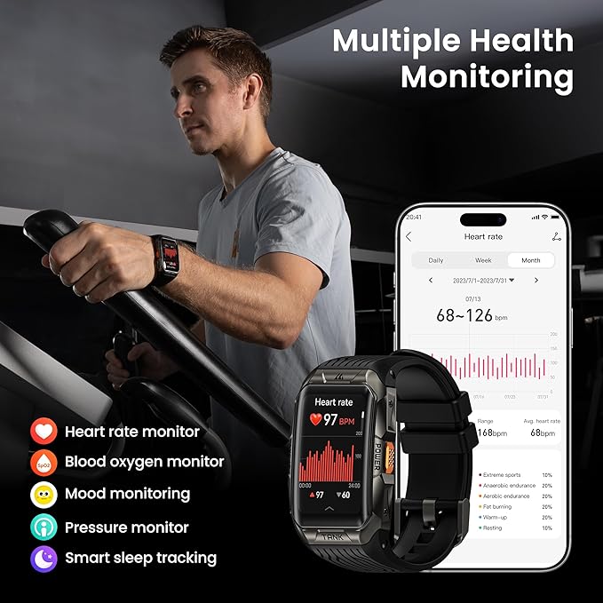 KOSPET Tank X2 Smart Watch Fitness Tracker, 24/7 Heart Rate, Blood Oxygen Monitor, Sleep Tracker, Blutooth Call, Stainless Steel Unibody, 1.64” AMOLED Always-on Display (Black)-FlexoryFit