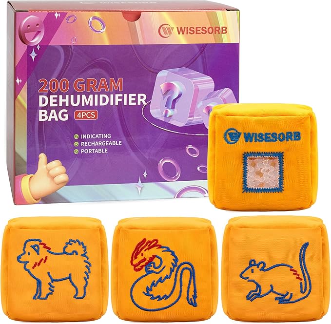 4Pcs 200g Desiccant Dehumidifier Bags, Rechargeable Indicating Silica Gel Beads, Gun Safe Dehumidifier, Desiccant Moisture Absorbers with Visible Window for Storage