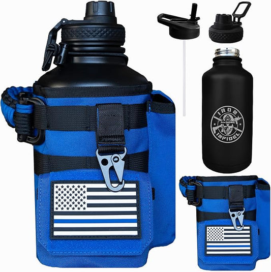 Iron Infidel Battle Bottle - Half Gallon Insulated Water Bottle with Paracord Handle, Large 64 oz Stainless Steel Water Jug with Rugged, Removable Sleeve for Keys, Wallet & Phone (Blue Line 2 Liter)-FlexoryFit