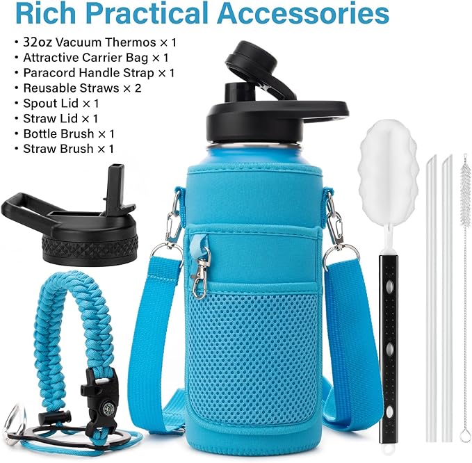 Insulated Water Bottle | Thickened Stainless Steel Vacuum Metal | Portable Sports Water Jug for Gym and Hiking with Straw, Carrier Bag, Handle Strap | BPA-Free 32 oz-FlexoryFit
