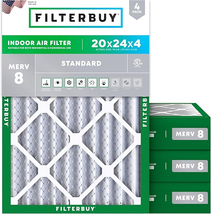 Filterbuy 20x24x4 Air Filter MERV 8 (MPR 700) Dust Defense Replacement (4-Pack), Electrostatic Pleated HVAC AC Furnace Filters, Made in USA (Actual Size: 19.38 x 23.38 x 3.63)