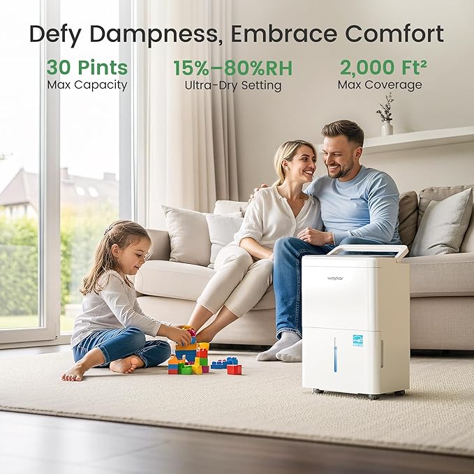 Waykar 2000 Sq. Ft. Energy Star 2025 Dehumidifier for Basement & Home,Adjusts from 15% RH With Drain Hose, Ultra Quiet 35 dB for Bedroom & Bathroom