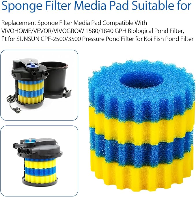 Replacement Sponge Filter Media Pad Compatible with VIVOHOME/VEVOR/VIVOGROW 1580/1840 GPH Biological Pond Filter, fit for SUNSUN CPF-2500/3500 Pressure Pond Filter for Koi Fish Pond Filter
