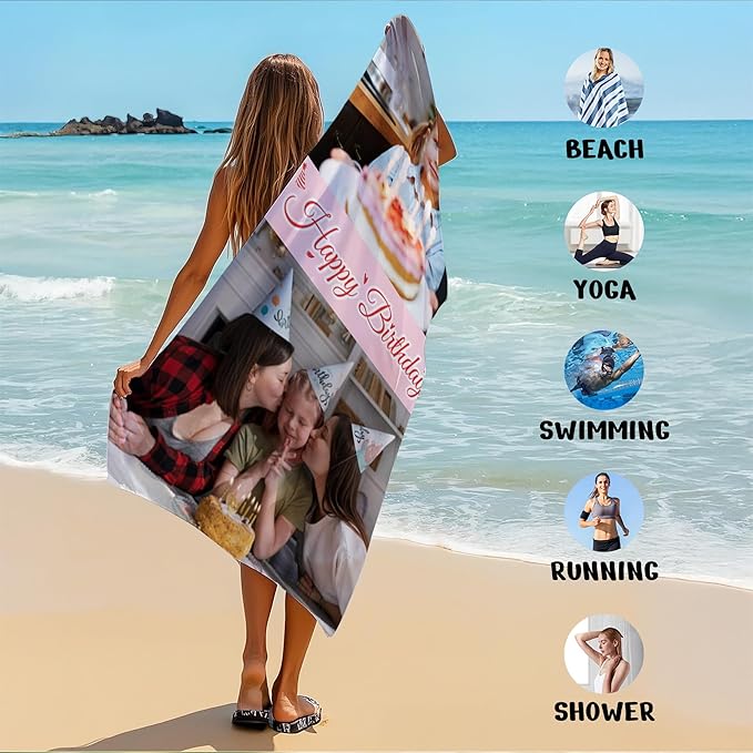 JML Birthday Gifts for Mom Dad Daughter Son, Personalized Beach Towel with Photo Text, Custom Beach Towel Gift for Mother's Day, Anniversary, Family Day, Summer Holiday, Vacation-FlexoryFit