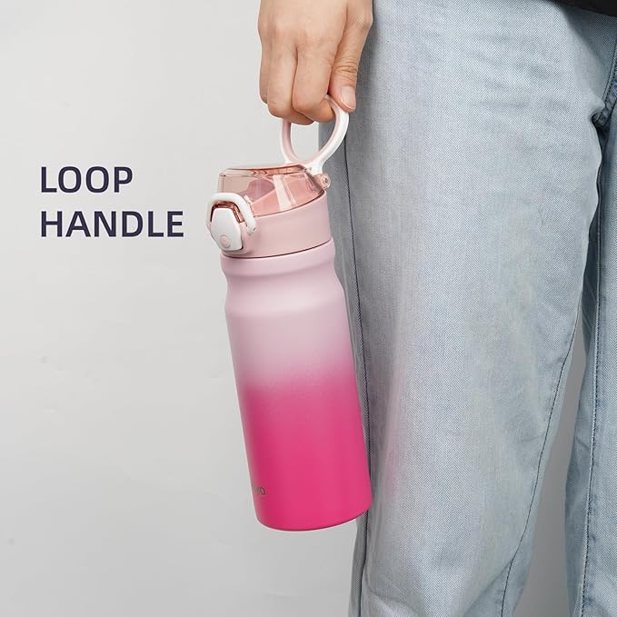 Insulated Water Bottle with Straw and Carry Loop,18 oz Stainless Steel Double Wall Vaccum Metal Water Flask with Leak-proof Lid,Cherry-FlexoryFit