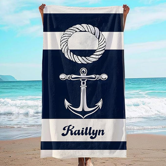 JML Personalized Beach Towel with Name, Custom Anchor Beach Towel, Customized Microfiber Pool Towel, Quick Dry & Absorbent Swim Towel for Adult,Mother's Day, Birthday, Summer Holiday,Vacation-FlexoryFit