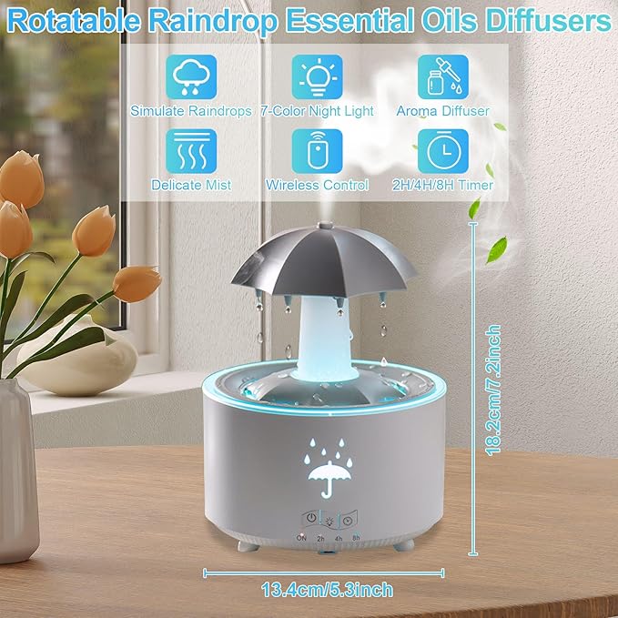 Raindrop Humidifier for Bedroom and Office, Essential Oil Diffuser with 7-Color LED Lights, 4-Timer Air Humidifier, Ideal 300ML Mini Air Vaporizer for Nursery & Families (White Rotatable Umbrella)