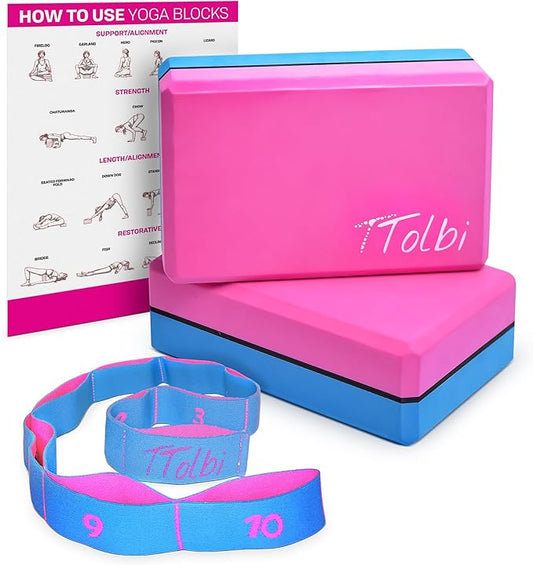 Yoga Blocks 2 Pack Set with Dance Stretch Band & Guide: Non-Slip EVA Foam Block - Ideal Stretching Equipment for Home Workouts, Pilates, Dance, Ballet, Gymnastics, Exercise - Stretch Strap Stuff Props-FlexoryFit