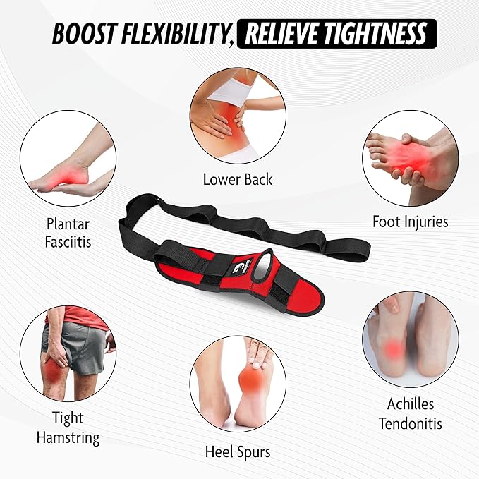DMoose Fitness Foot & Calf Stretcher with Adjustable Padded Stretching Strap for Plantar Fasciitis, Hamstring, Heel Spurs and Achilles Tendonitis Relief - Yoga Leg Stretch Strap for Flexibility-FlexoryFit