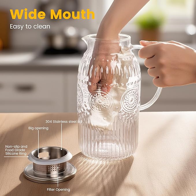Bandesun Vintage Glass Pitcher with Lid, Heat Resistant Borosilicate Water Jug, 68 oz/ 2 Liter Water Pitcher with Handle and Spout for Fridge, Carafe for Hot/Cold Coffee, Tea,Beverage 1Pack