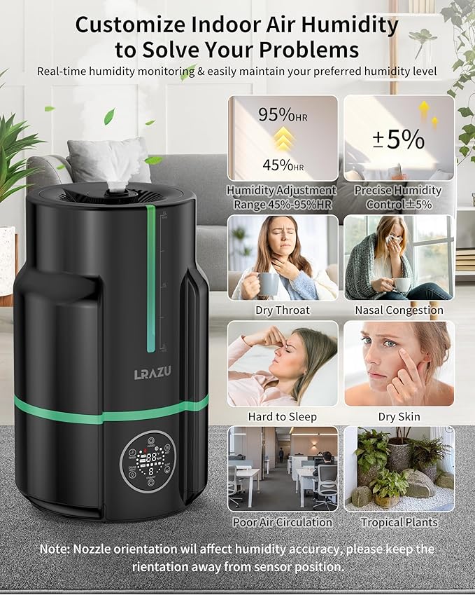 6L Smart Cool Mist Humidifier, Modern Black for Large Bedroom, Ultra Quiet 22dB with Humidistat, 50H Runtime, Top Fill, Oil Diffuser and Remote Control