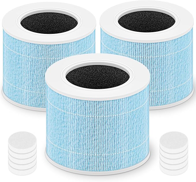 Core Mini Smoke Remover Replacement Filter for LEVOIT Core Mini and Core Mini-P Air Purifier, 3-in-1 H13 Grade True HEPA and Activated Carbon, Core Mini-RF-SR, 3 Filter & 10 Fragrance Sponge, Blue