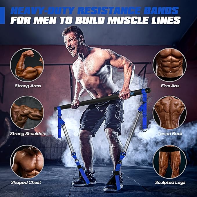 Pilates Bar Kit with Resistance Bands, Heavy Duty Pilates Equipment for Men, Strength Training Bar for Legs, Hip, Back, Arm, Abs, Chest, Shoulders, Portable Home Gym Full Body Workout Equipment-FlexoryFit