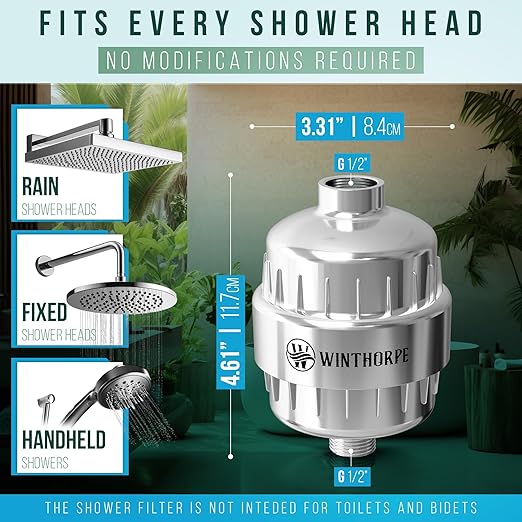 Shower Filter for 100% Water Filtration - Shower Head Filter Softens Hard Water, Removes Chlorine, Toxins, and Heavy Metals for Healthier Skin and Hair - Shower Water Filter by Winthorpe