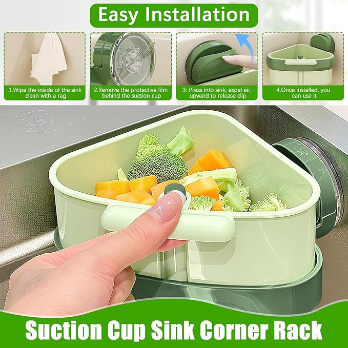 Suction Cup Sink Corner Rack,Sink Strainer Basket,Plastic Sink Storage Rack Holder,Triangle Sink Filter Basket,Corner Sink Trash Catcher for Food Waste (Orange)