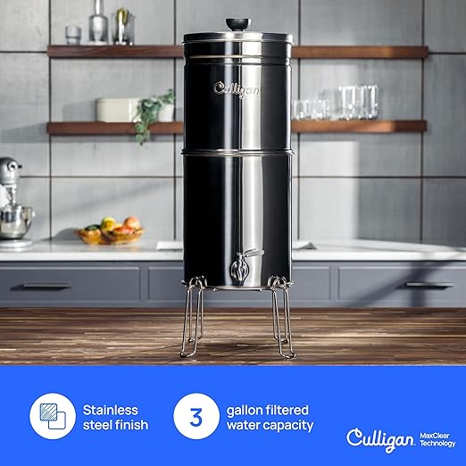 Culligan with MaxClear Technology 3 Gallon Gravity Water Filter System, Polished Countertop Ceramic Water Filter NSF/ANSI Certified to Reduce Lead, Microplastics & Total PFAS, with 3 Filters
