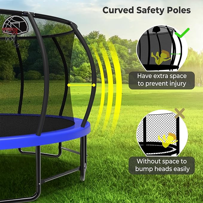 10 12 14 15 16FT Outdoor Trampolines for Kids and Adults, Pumpkin Trampoline with Curved Poles, Recreational Trampoline with Basketball Hoop and Safety Enclosure Net for Kids and Adults-FlexoryFit