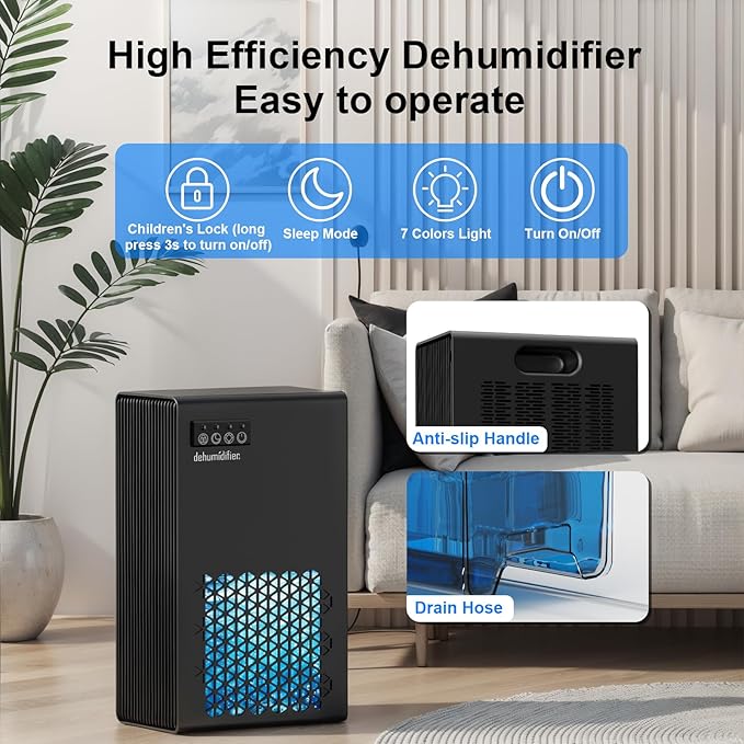 Dehumidifiers for Home, 99oz Water Tank Dehumidifier for Bedroom Basement Bathroom RV with Auto Shut Off, Drain Hose, Sleep Mode, (black)