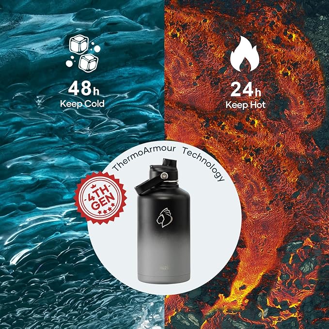 Insulated Water Bottle 64 oz with Straw Lid and Flex Lid, BUZIO 64oz Stainless Steel Water Bottle Half Gallon Jug Flask, Double Wall Vacuum Sports Thermo Mug, Cold Hot Hydro Metal Canteen-FlexoryFit