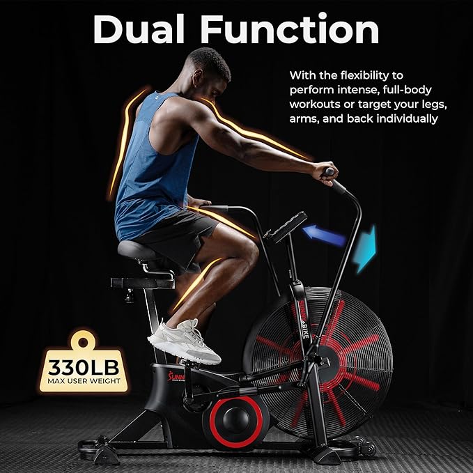 Sunny Health & Fitness Premium Smart Cross-Training Fan Bike, Air Resistance Cardio Machine w/330lb Capacity for Intensive Home Workout, Customizable Monitor w/Free SunnyFit App Connection-SF-B223018-FlexoryFit