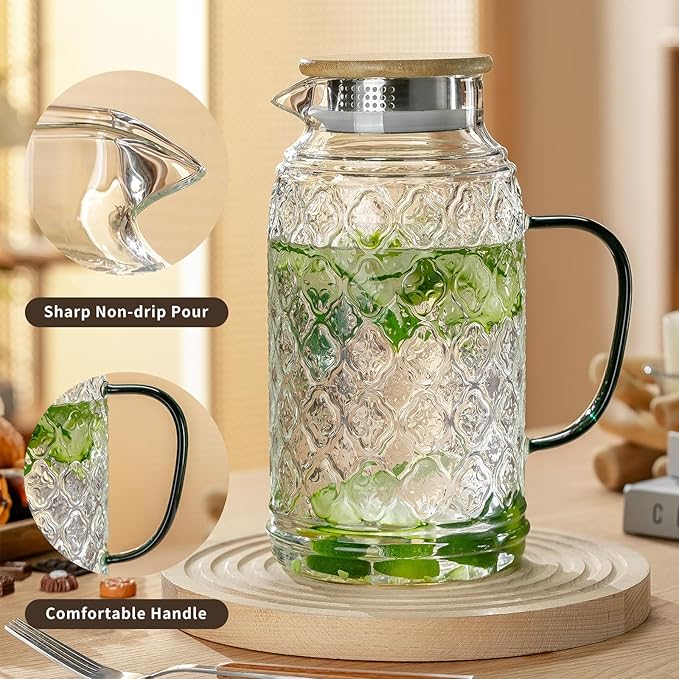 2 PACK Glass Pitcher with Bamboo Lid, 68 oz/2L Vintage Water Pitcher, Clear Borosilicate Glass Water Carafe for Cold Brew, Coffee, Lemonade, Iced Sun Tea,Beverage, Heat Resistant Water Glass Jug