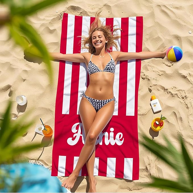 JML Personalized Beach Towel with Name, Custom Cabana Stripe Beach Towel, Customized Microfiber Pool Towel, Quick Dry & Absorbent Swim Towel for Adult,Mother's Day, Birthday, Summer Holiday,Vacation-FlexoryFit
