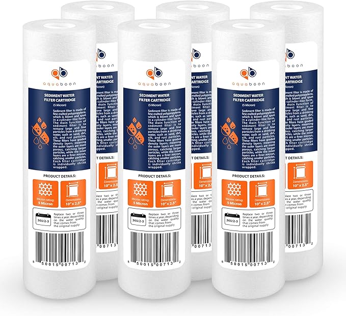 Aquaboon 5 Micron 10 x 2.5 Sediment Filter - Whole House Water Filter Replacement Compatible with Well Water Filters - P5, AP110, WHKF-GD05, 6 Pack