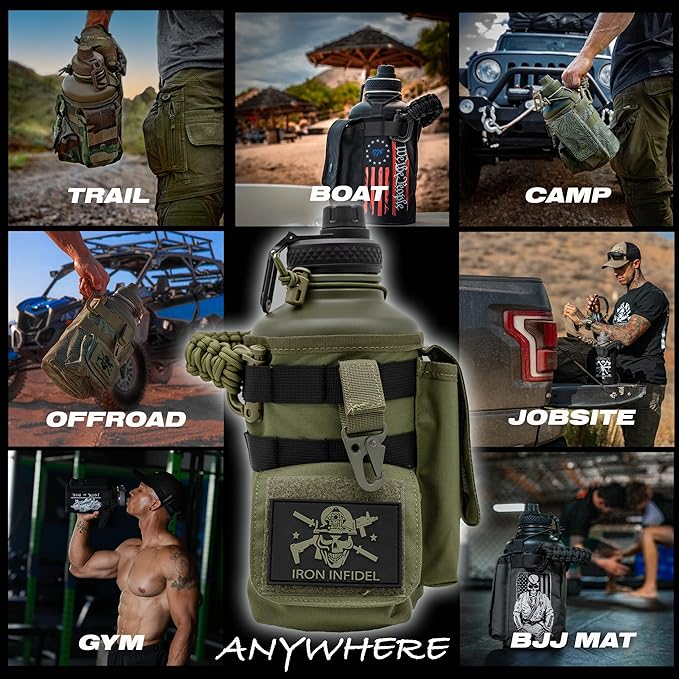 Iron Infidel Battle Bottle - Half Gallon Insulated Water Bottle with Paracord Handle, Large 64 oz Stainless Steel Water Jug with Rugged, Removable Sleeve for Keys, Wallet & Phone (Gangrene 2L)-FlexoryFit