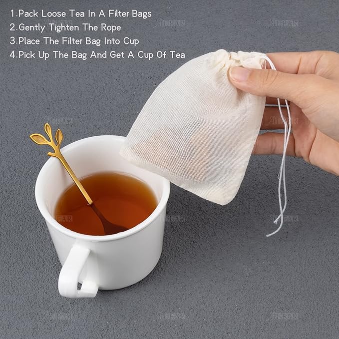 AUEAR, 50 Pack Reusable Drawstring Cotton Soup Bags Spice 3 x 4 Inch Tea Filter Coffee Brew Herb Muslin Cheesecloth for Straining