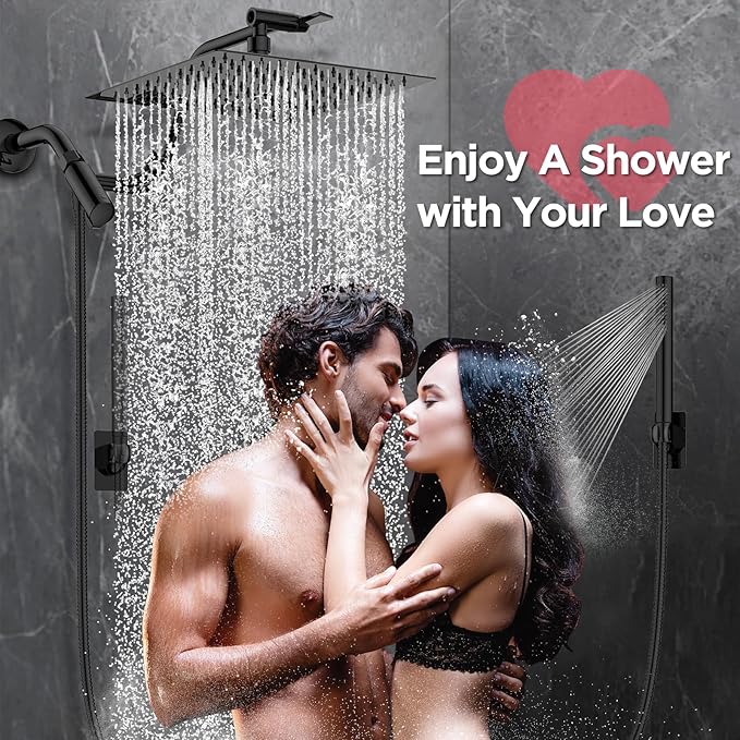 HOPOPRO 10” All Metal Rainfall Shower Head Combo with Handheld Spray, High Pressure Showerhead Combination, Adjustable Dual Showerheads with Extension Arm, Full-Body Coverage Shower Experience, Black