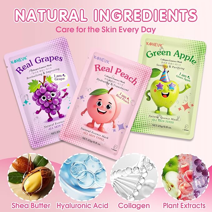 14 Pack Fruit Face Masks Skincare for Kids, Sheet Hydrating Facial Mask for All Skin Types, Bulk Collagen Face Mask for Women Skin Care, Birthday Party Spa Gifts for Teens Girls-FlexoryFit