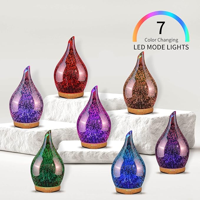 Porseme 280ml Essential Oil Diffuser 3D Hand-Blown Glass Aroma Diffusor, Aromatherapy Unltrasonic Cool Mist deffuser, 7 Color Changing Humidifier, Waterless Shut-Off, Timer Function for Home Office