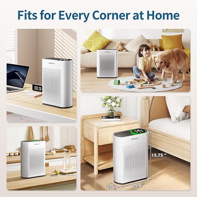 Powerful Air Purifiers for Home Large Room Up to 2400 Ft², ECOSELF HEPA Air Purifier with PM 2.5 Air Quality Display 20dB Sleep Mode, Air Purifiers for Bedroom Office Living Room HAP602 White