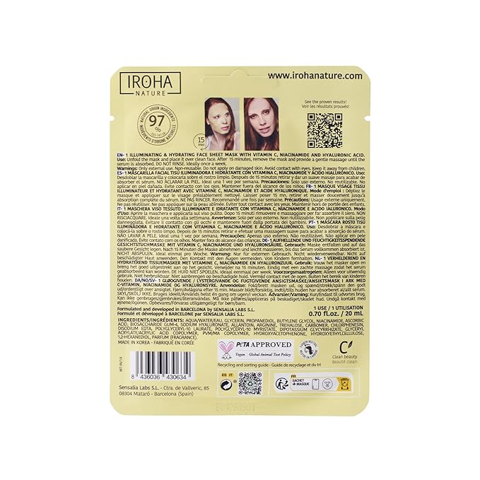 IROHA NATURE Brightening & Hydrating Face Mask with Pure Vitamin C and Hyaluronic Acid (Pack of 15) | Illuminates & Hydrates | Instant Results in 15 Minutes | 100% Biodegradable-FlexoryFit