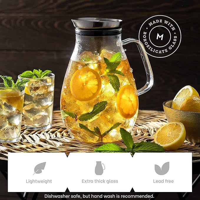 MITBAK 84- OZ Glass Pitcher With Stainless Steel Lid | Beautiful Lightweight Beverage Jug Carafe With A Wide Handle | Great For Cold & Hot Drinks Like Tea, Lemonade, Juice, Water, Coffee, Cold Brew