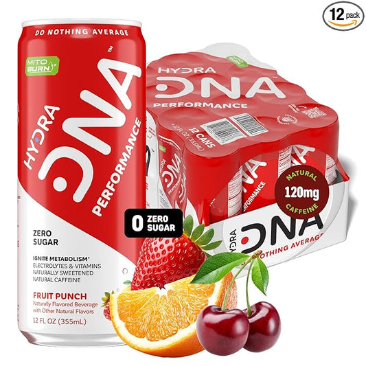 HYDRADNA- Clean Performance Drink, Zero Sugar | For Natural Fuel, Alertness, Boost, Stamina,120 mg Organic Caffeine, Natural Flavors, Zero Sucralose, Clean Ingredients (12 Pack) (12 Pack, Fruit Punch)-FlexoryFit