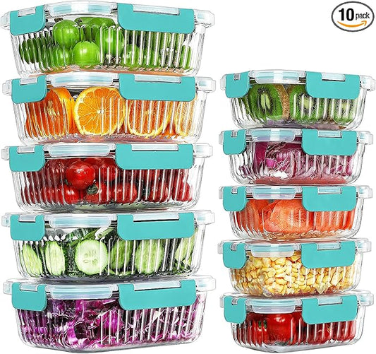 10 Packs Glass Meal Prep Containers with Lids, Glass Food Storage Containers Set, Airtight Lunch Containers, Microwave, Oven, Freezer and Dishwasher Safe, Green-FlexoryFit