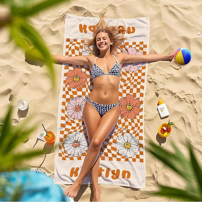 JML Personalized Beach Towel with Name, Custom Flower Beach Towel, Customized Microfiber Pool Towel, Quick Dry & Absorbent Swim Towel for Adult,Anniversary, Birthday, Summer Holiday,Vacation-FlexoryFit